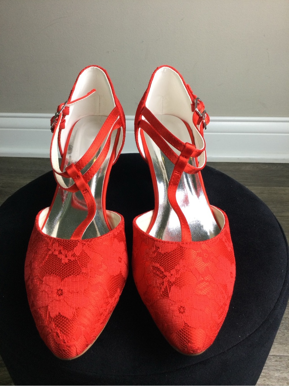 Red Lace Pointed-Toe Ankle-Strap Women's Heels